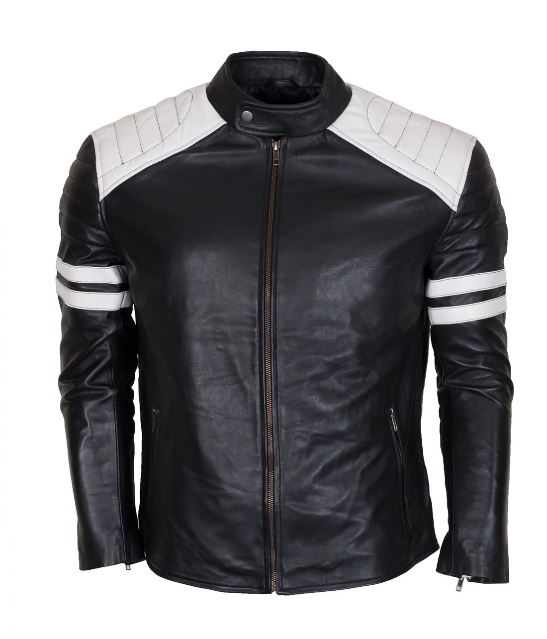 black leather jacket with white stripes